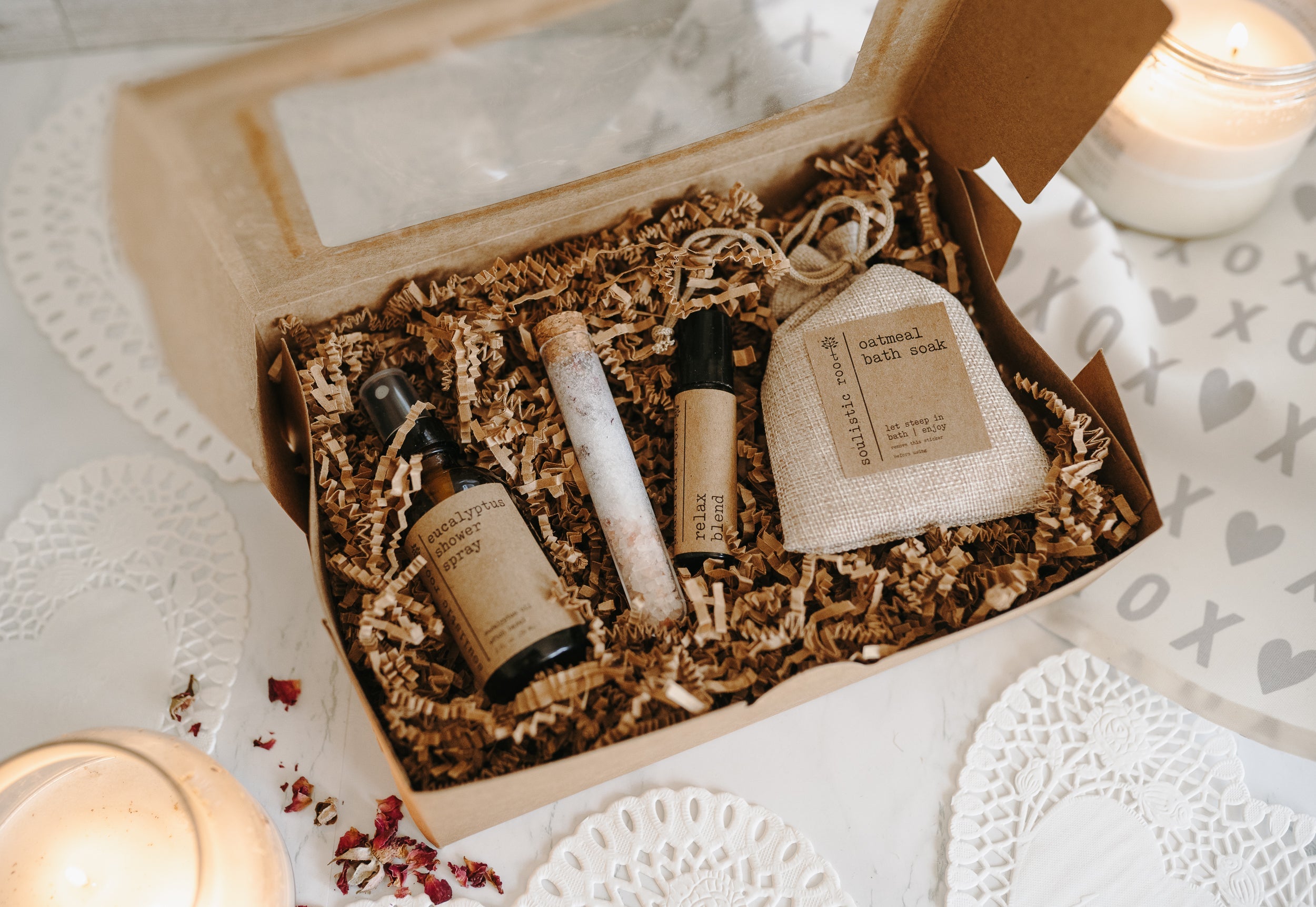 Gift Set- Shower Spray, Relax Roller, Oatmeal Soak & Rose Bath Salt